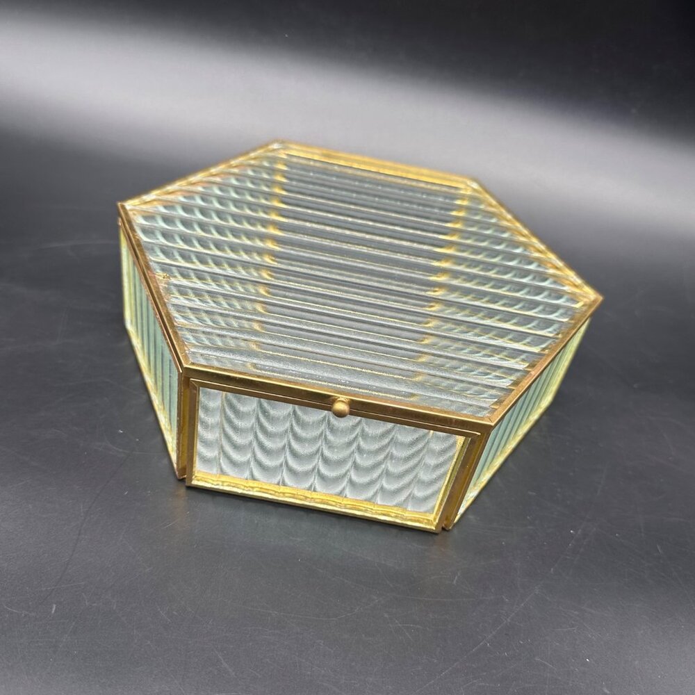 Vintage Jewelry Box Hexagon Ribbed Clear Glass Brass Hinged Top Mirrored Inside